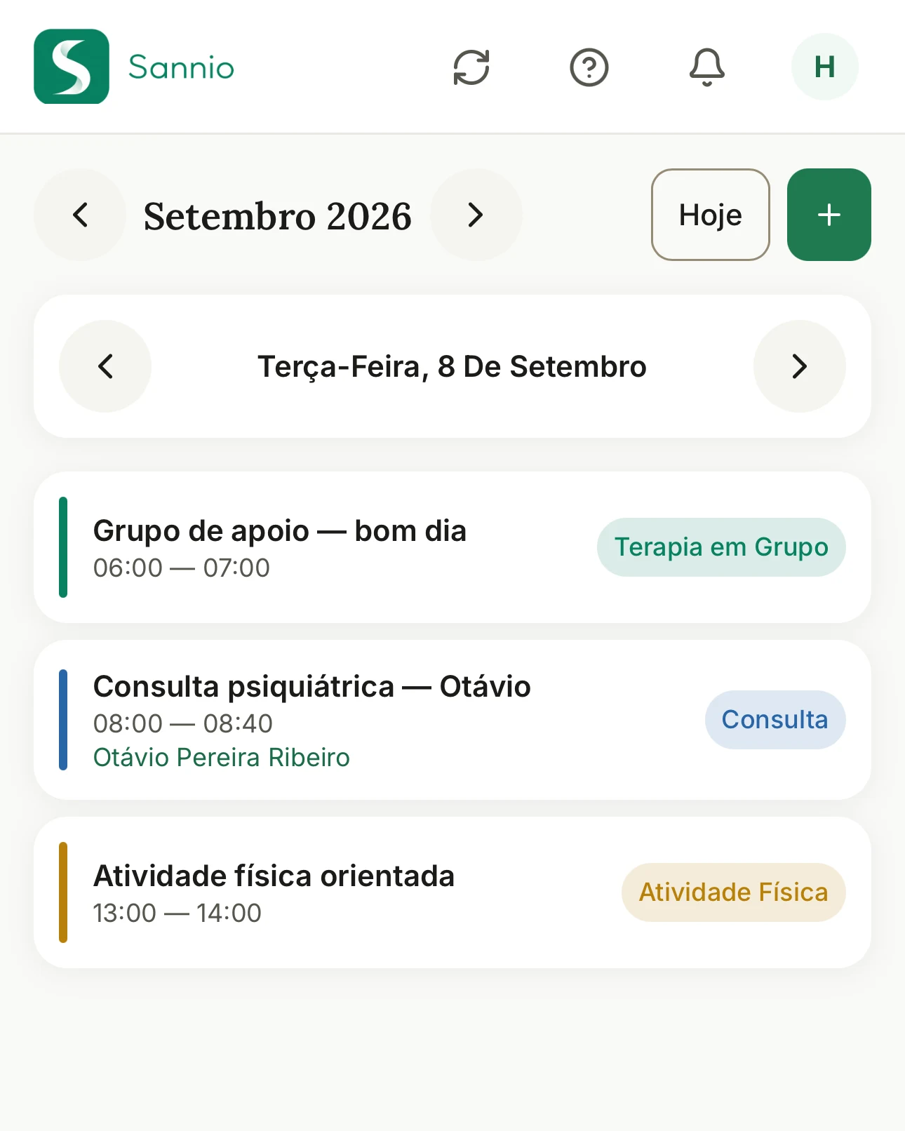 Agenda do Sannio na visão de lista, setembro de 2026: grupo de apoio às 6h, consultas psiquiátricas e atividade física orientada, dia a dia, com o tipo de cada evento e o botão de novo evento