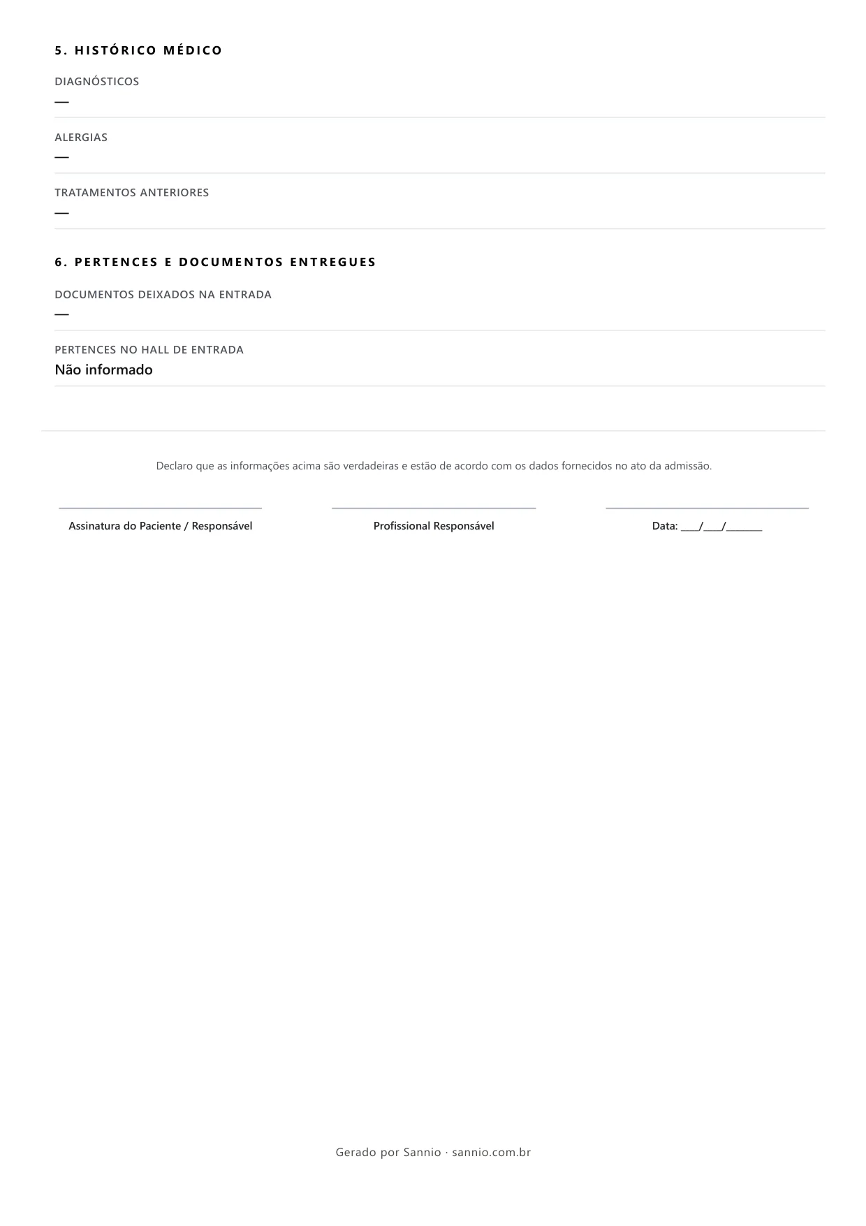 Página 2 do prontuário: histórico médico com diagnósticos, alergias e tratamentos anteriores, pertences e documentos entregues na entrada, e linhas de assinatura do paciente, do profissional e data