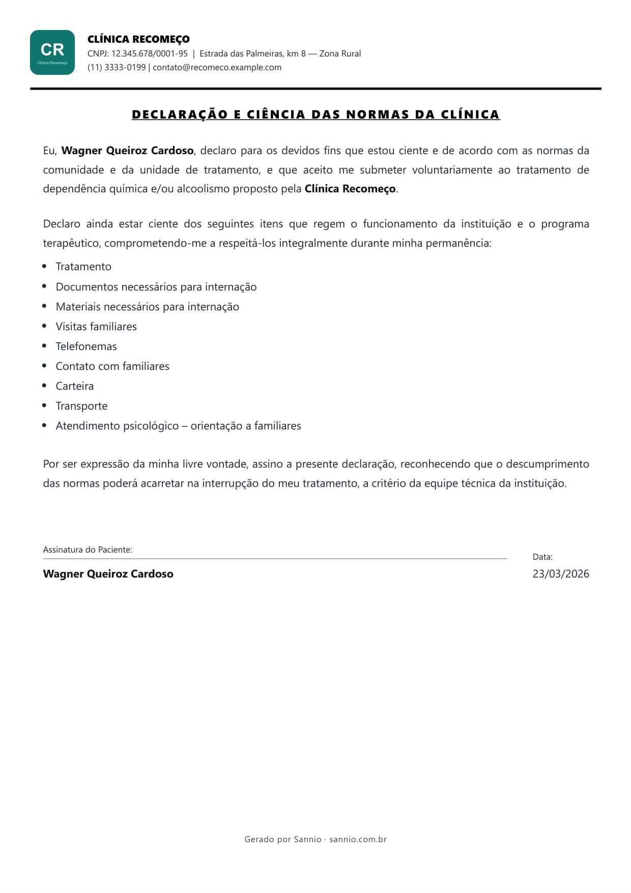 Página 4: declaração de ciência das normas da clínica assinada pelo paciente, com a lista de itens do regulamento e campo de assinatura e data