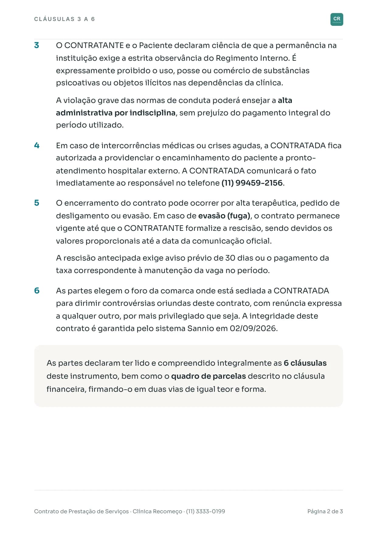 Página 2 do contrato: cláusulas sobre regimento interno, intercorrências médicas, encerramento do contrato e foro, e a declaração de que as partes leram as 6 cláusulas e o quadro de parcelas